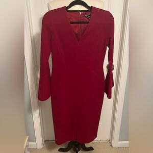 Maggie London women’s dress size 6 red fully lined body v neck zipper back darts